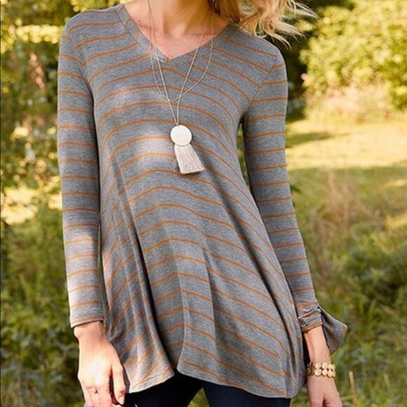 Matilda Jane | Wind Song Gray w Orange Stripe V-neck Long Sleeve Top - Picture 1 of 9